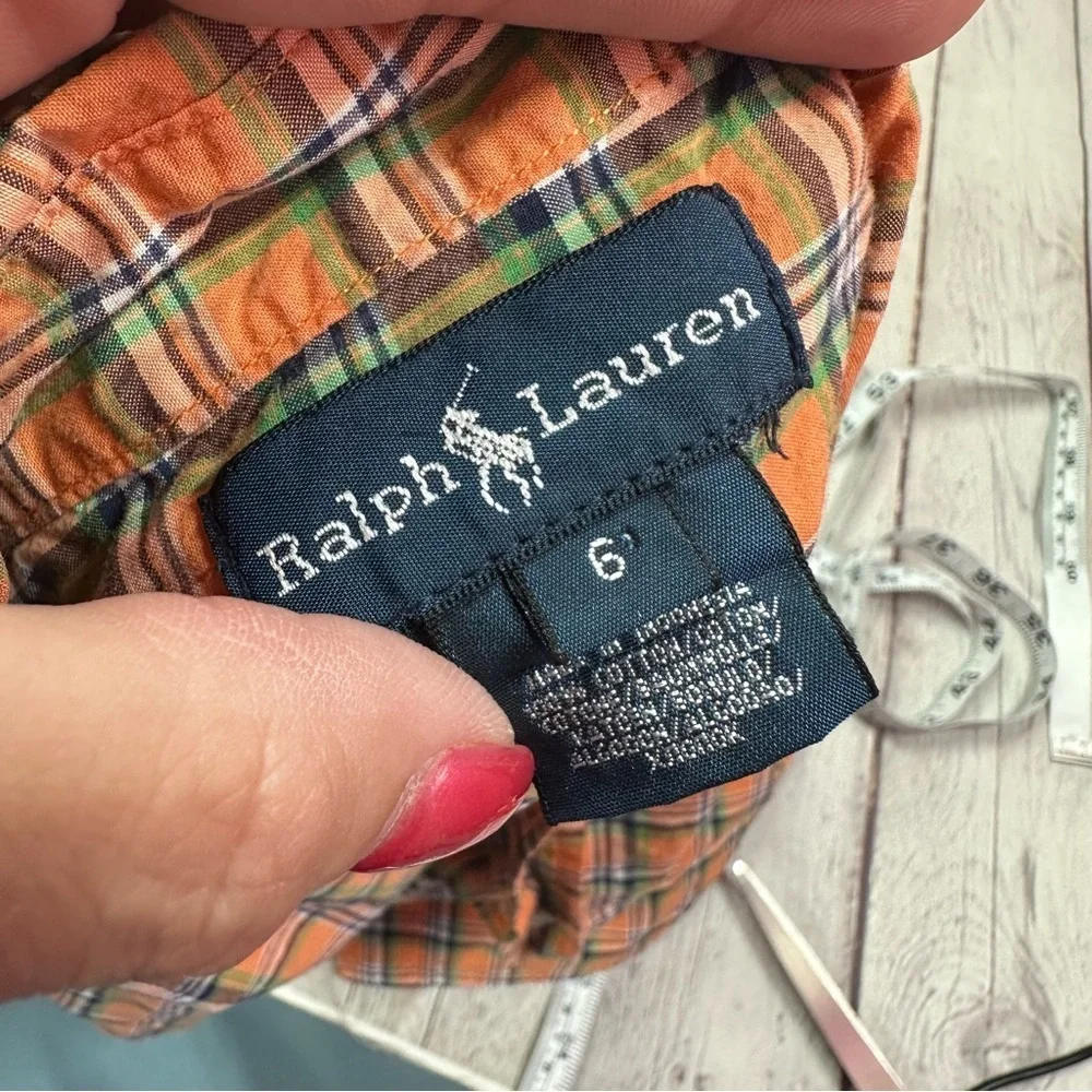Ralph Lauren Orange and Green Plaid button front Shirt boys sz 6 100% cotton